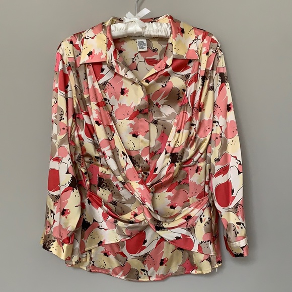 Doncaster Tops - Doncaster satiny silk blend blouse twist front side zip 1/2 snap 3/4 sleeve 14